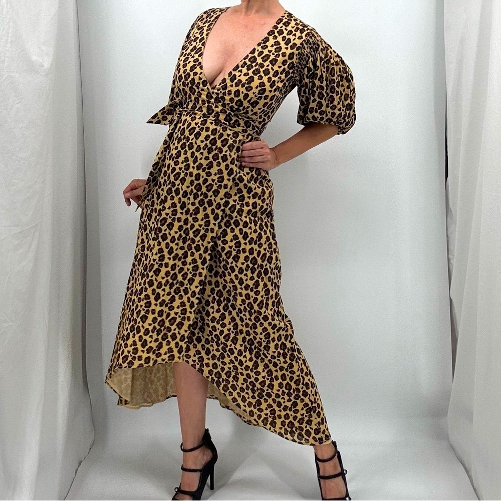 Valencia & Vine Leopard Animal Print Plunge Neckline Cotton Wrap Maxi Dress